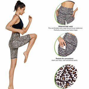 Women's High Rise Yoga Bike Shorts W/Pockets Size Small-Large Leopard Print